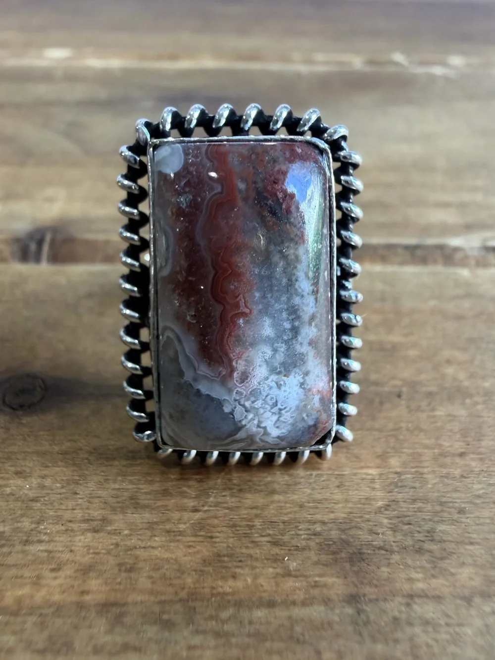 Crazy Lace Agate Stone Crystal Quartz Gemstone Ring Size 8 Silver Plated Native